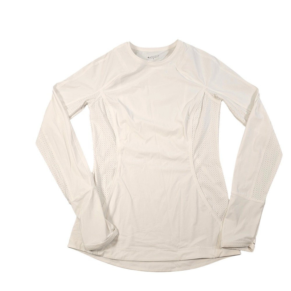 Athleta Womens White Mesh Perforated Long Sleeve Training Top Thumbholes Size S